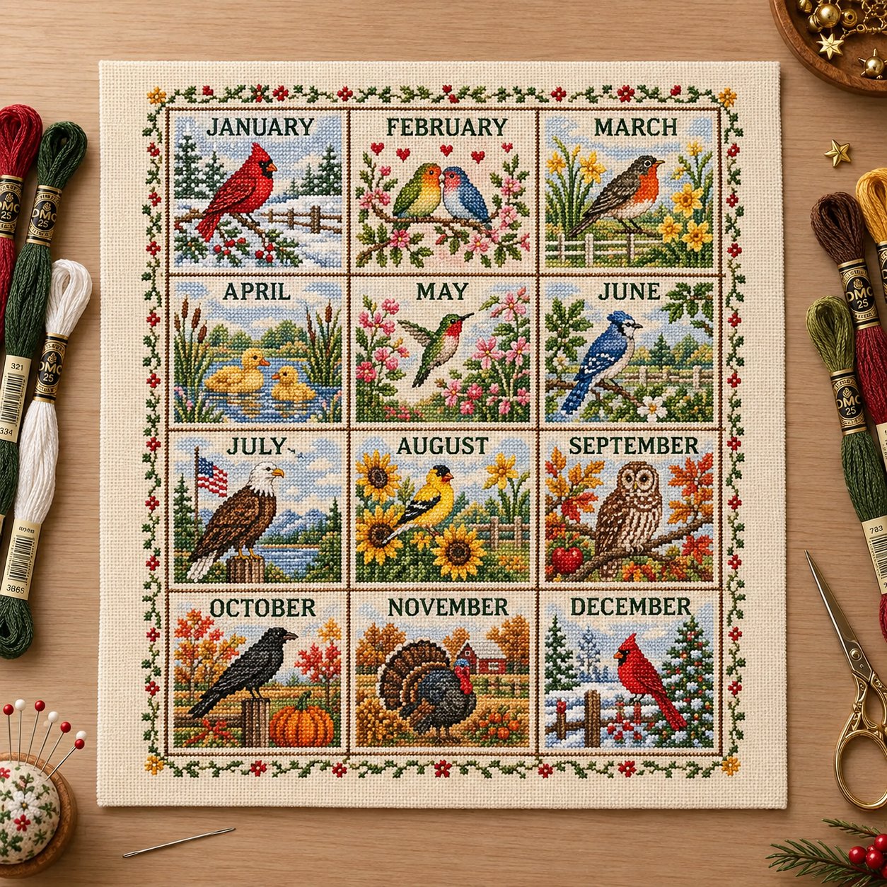 🧵 Beginner-Friendly 12-Month Seasonal Embroidery DIY Kit | 8 Theme Collections with Pre-Printed Fabric, Floss, Needles & Complete Stitching Guide Included 💕