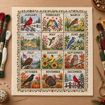 🧵 Beginner-Friendly 12-Month Seasonal Embroidery DIY Kit | 8 Theme Collections with Pre-Printed Fabric, Floss, Needles & Complete Stitching Guide Included 💕