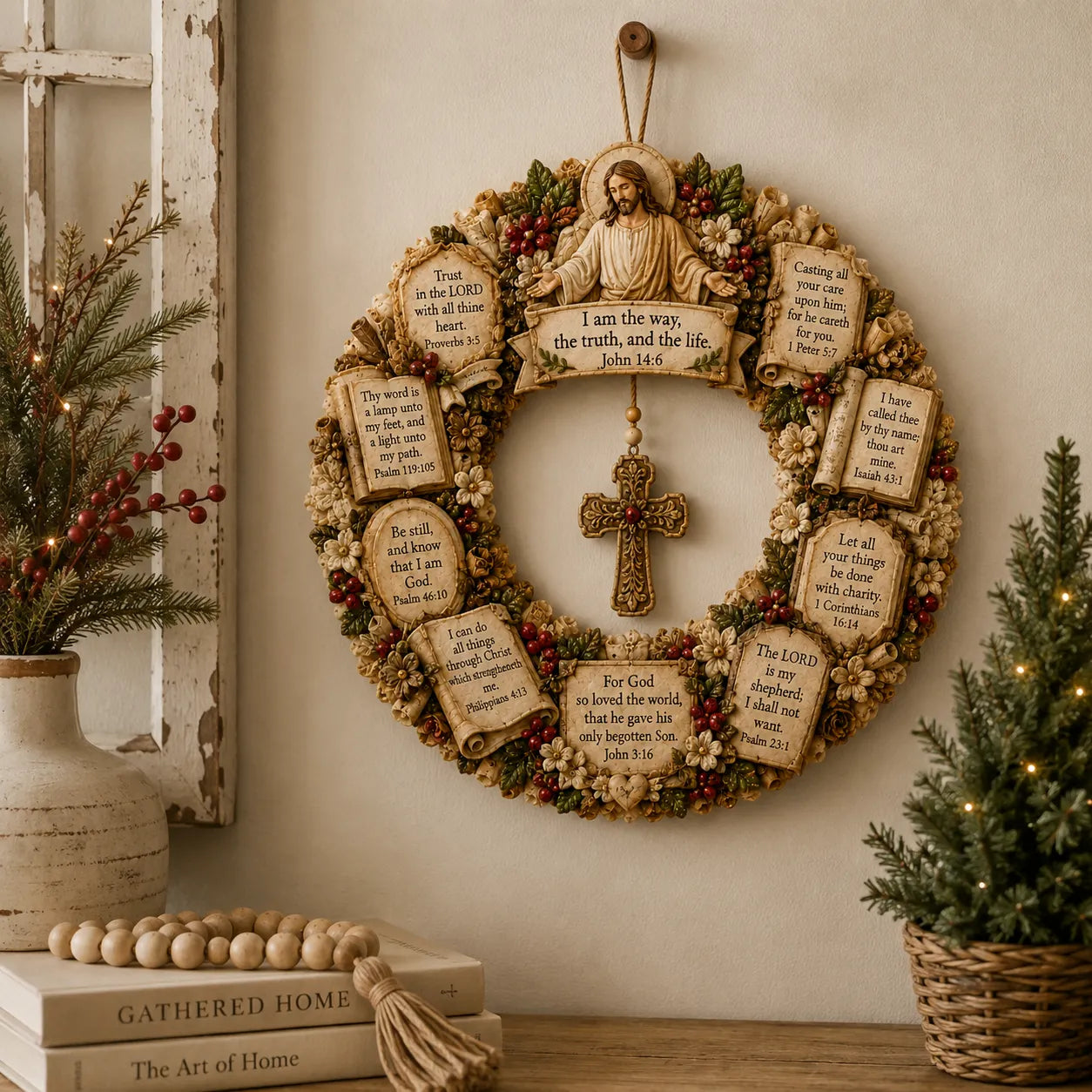 ✝️ Jesus Scripture Wreath | Handcrafted Christian Wood Décor with Bible Verses, Hanging Cross & Faith-Inspired Vintage Details 🙏