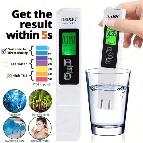 4-in-1 Digital TDS Water Quality Tester - Measures TDS, EC, Temperature (°C/°F) | 0-9990 ppm Range