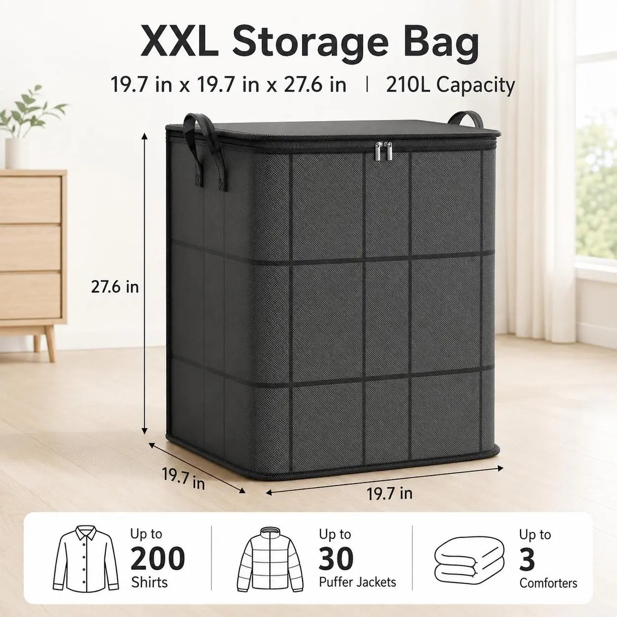 XXL 210-liter black fabric storage bin with dimensions