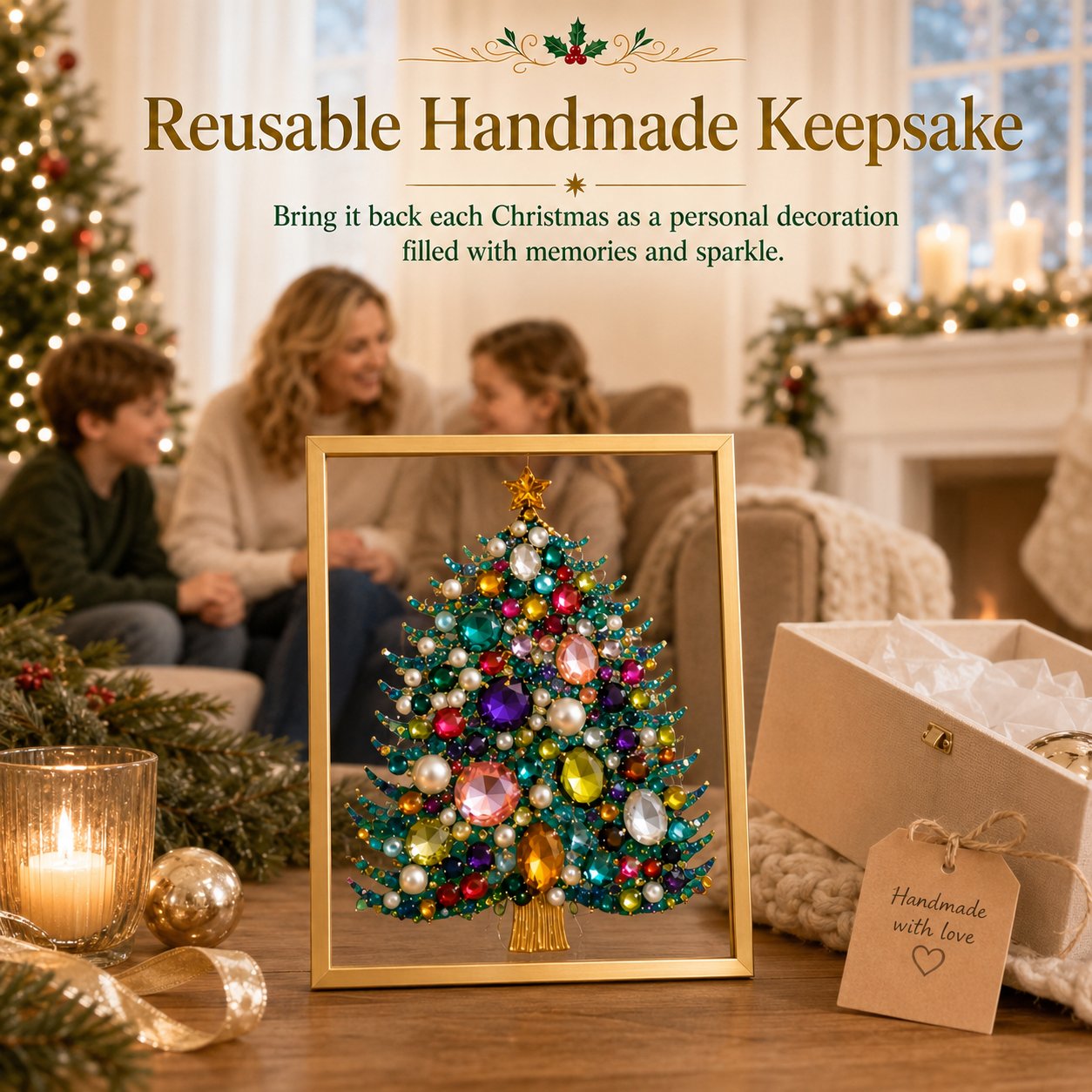 🔥 LAST DAY 49% OFF – 🎄 DIY Jeweled Christmas Tree Art Kit | Colorful Gems, Pearls, Paints & Gold-Tone Floating Display Frame 💎✨
