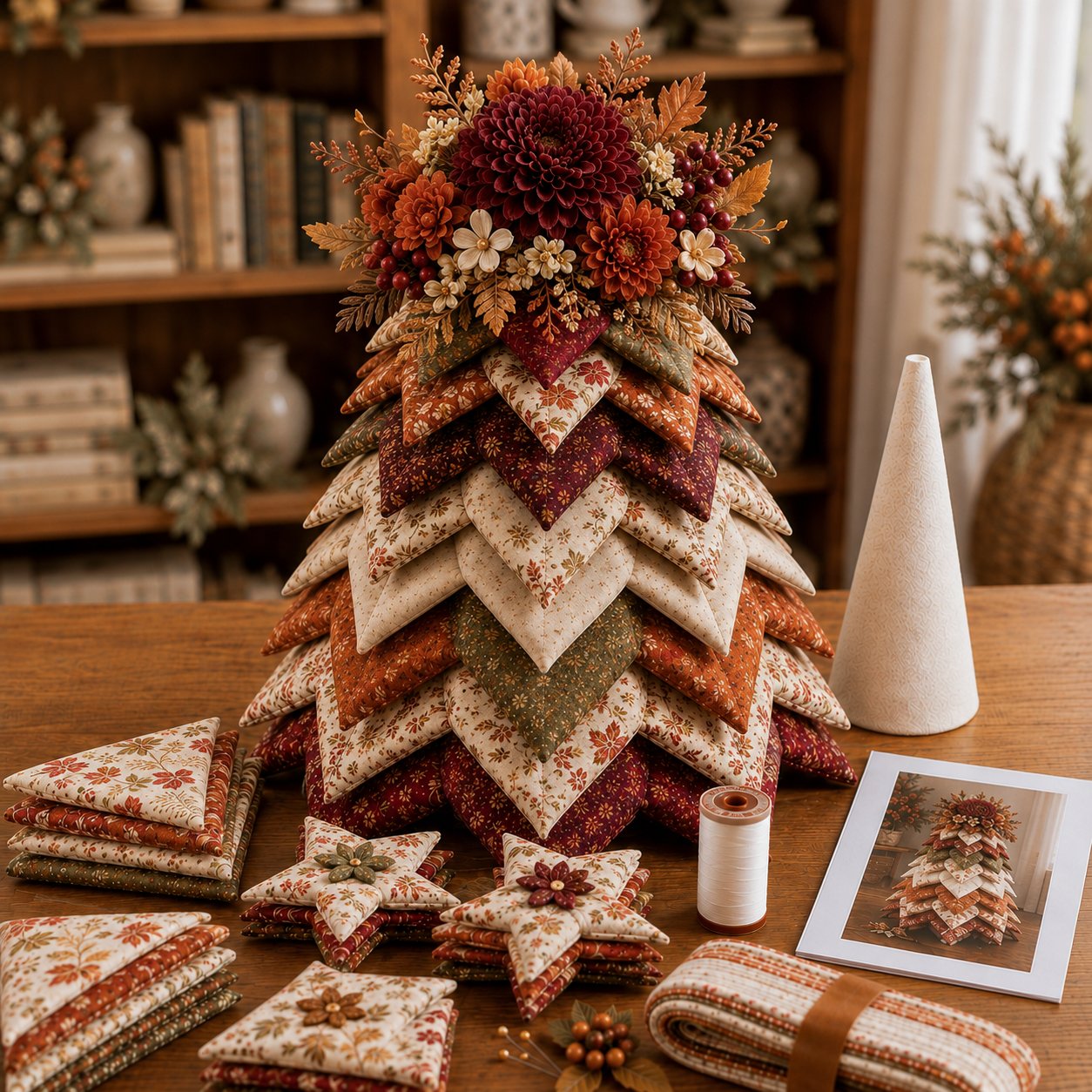 🍂 Beginner-Friendly DIY Fabric Patchwork Fall Tree Kit | Coordinated Autumn Fabrics, Cone Base, Securing Pins & Floral Topper Included 🌼✨