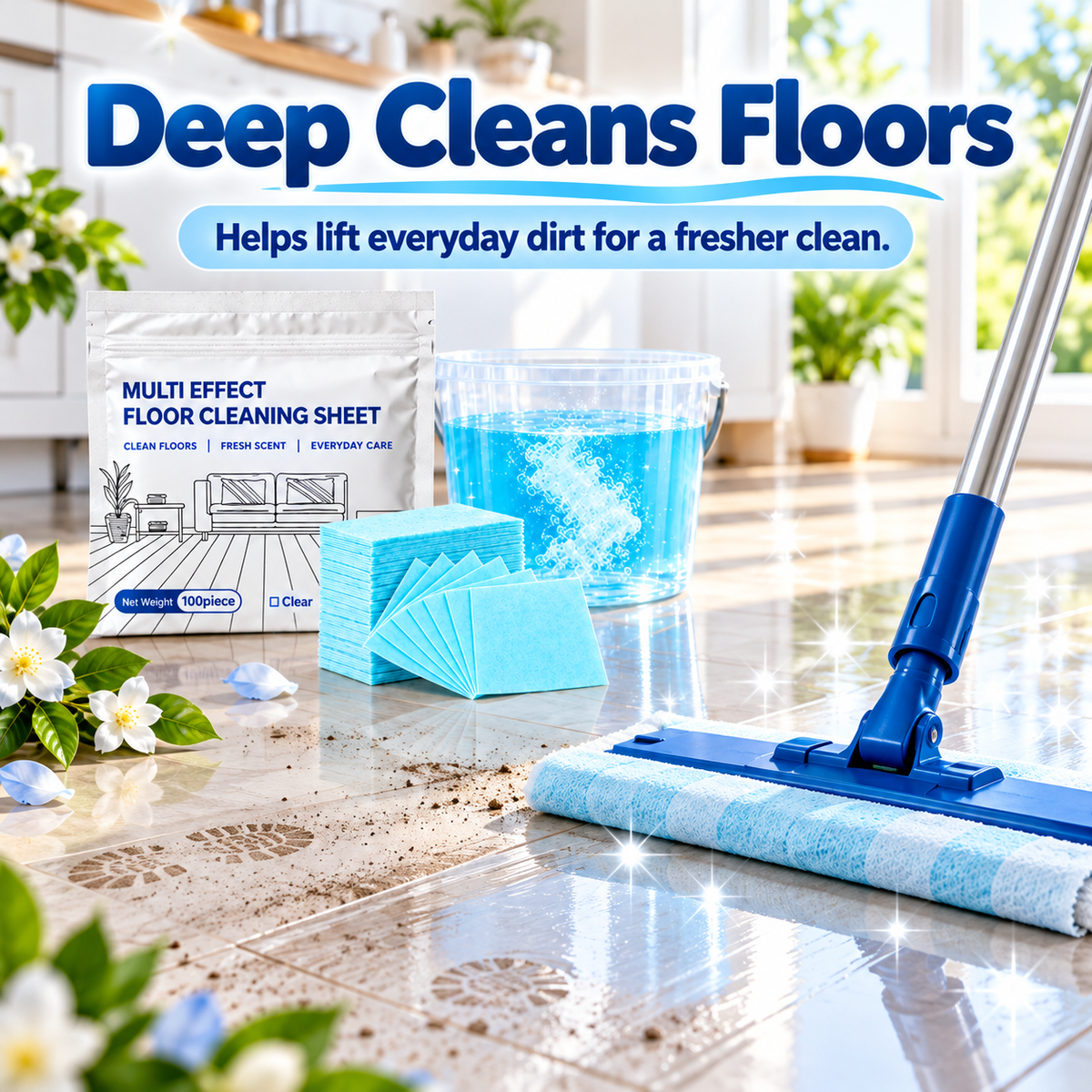 100 PCS 🧼 Dissolvable Floor Cleaning Sheets – Just Add Water & Mop🍀
