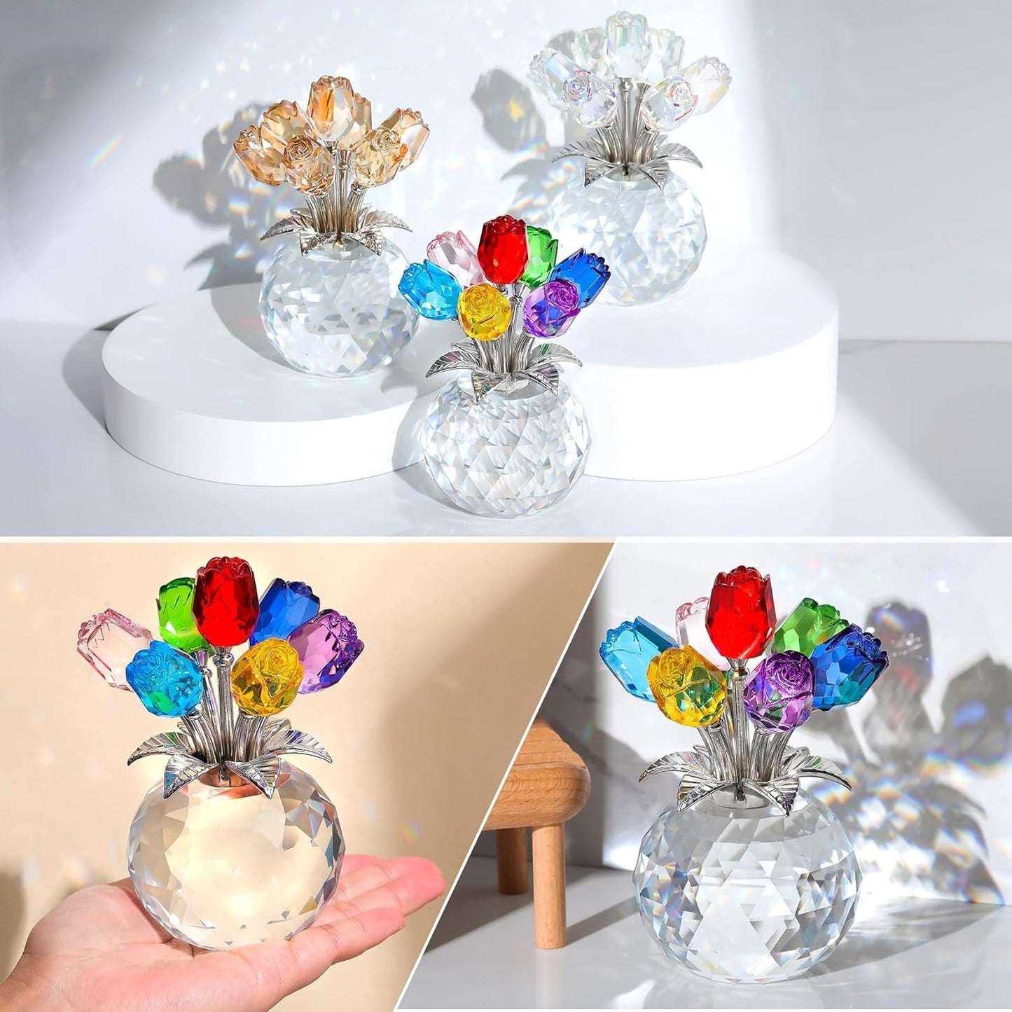 🏆Valentine's Day Hot Sale 49% OFF❤️ Crystal Colorful Rose Flower Collectible Figurine with Vase