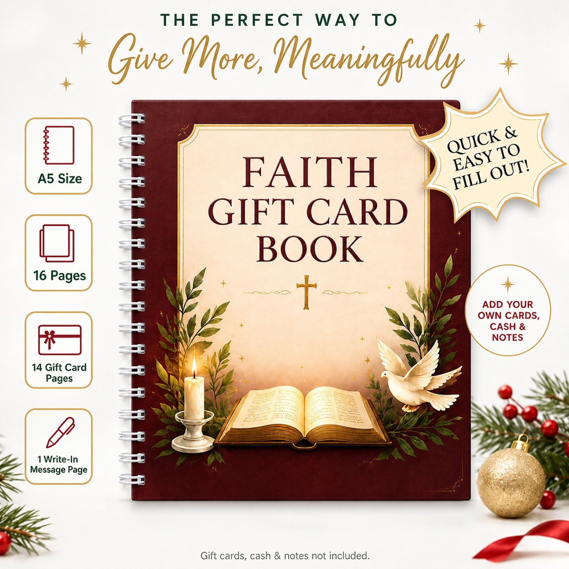✝️ FAITH GIFT CARD BOOK 📖 14 Themed Pages, Hardcover & Durability Line