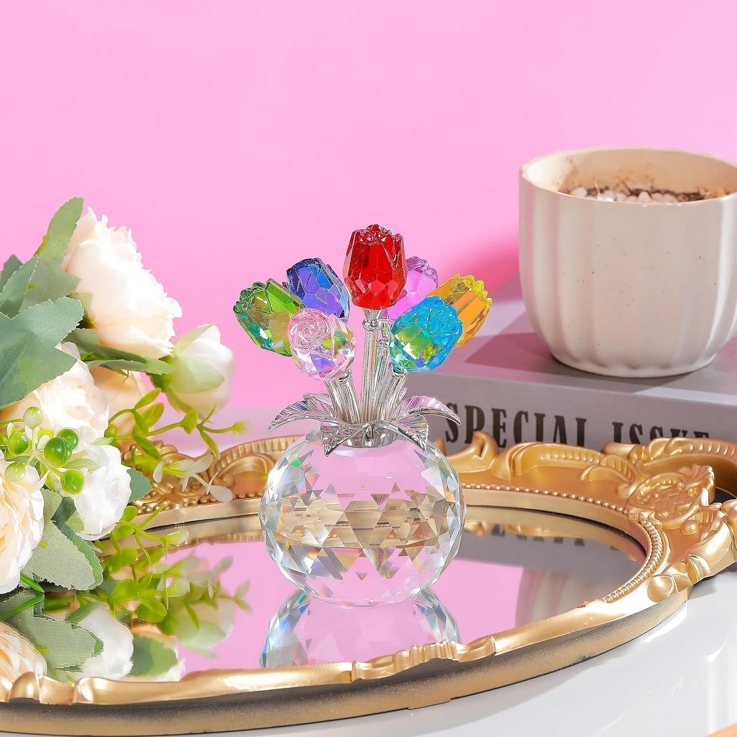 🏆Valentine's Day Hot Sale 49% OFF❤️ Crystal Colorful Rose Flower Collectible Figurine with Vase