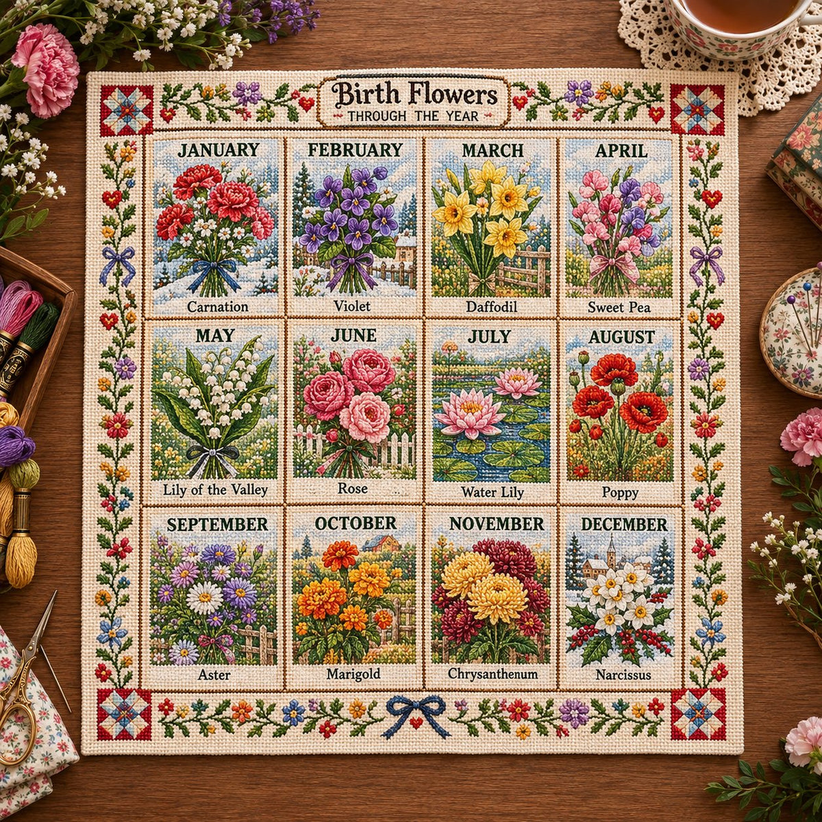 🧵 Beginner-Friendly 12-Month Seasonal Embroidery DIY Kit | 8 Theme Collections with Pre-Printed Fabric, Floss, Needles & Complete Stitching Guide Included 💕