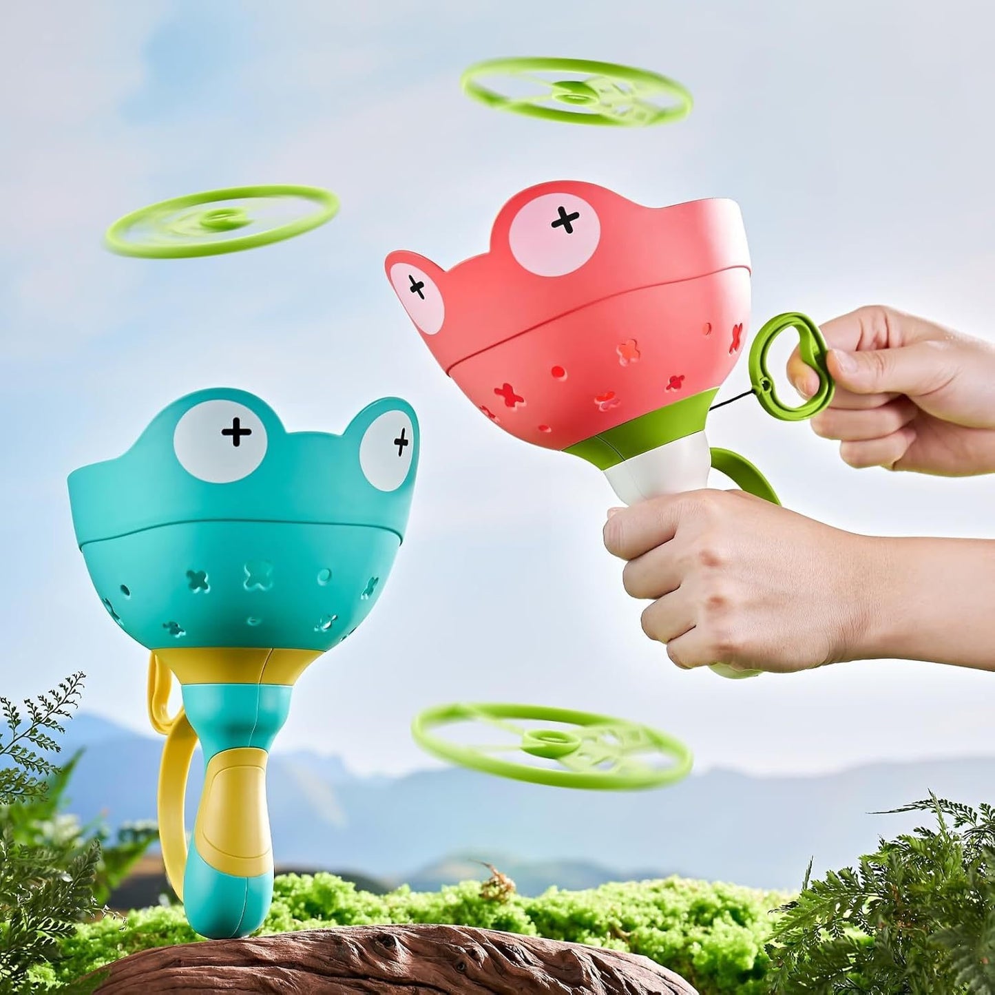 Flying Disc Launcher Toy (2 Packs), Manual Capture Catching Disk Game, Outdoor Toys for Kids Ages 4-8