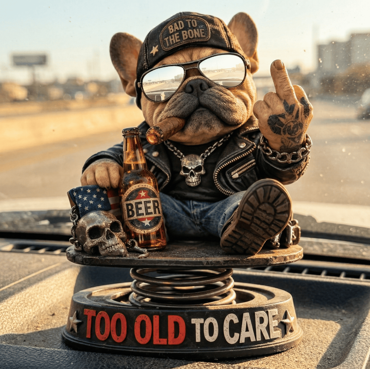 "Too Old To Care" Hardcore Frenchie Dashboard Bobblehead😎 - Rebellious Bulldog Car Decor