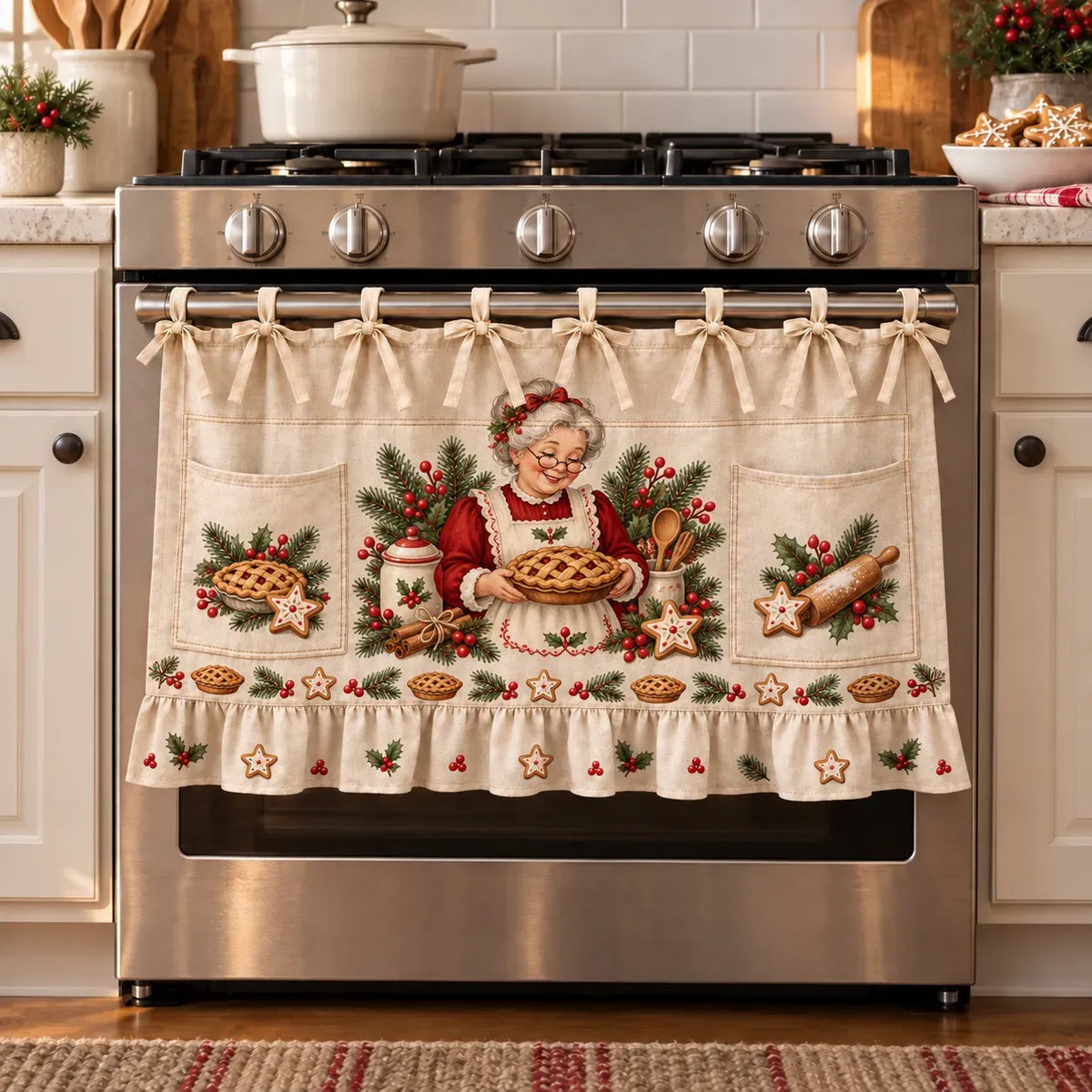 ⏳ Last Day 49% OFF – 🎄 Christmas Kitchen Tie-On Skirt | Festive Holiday Designs with Pockets & Ruffled Trim ✨