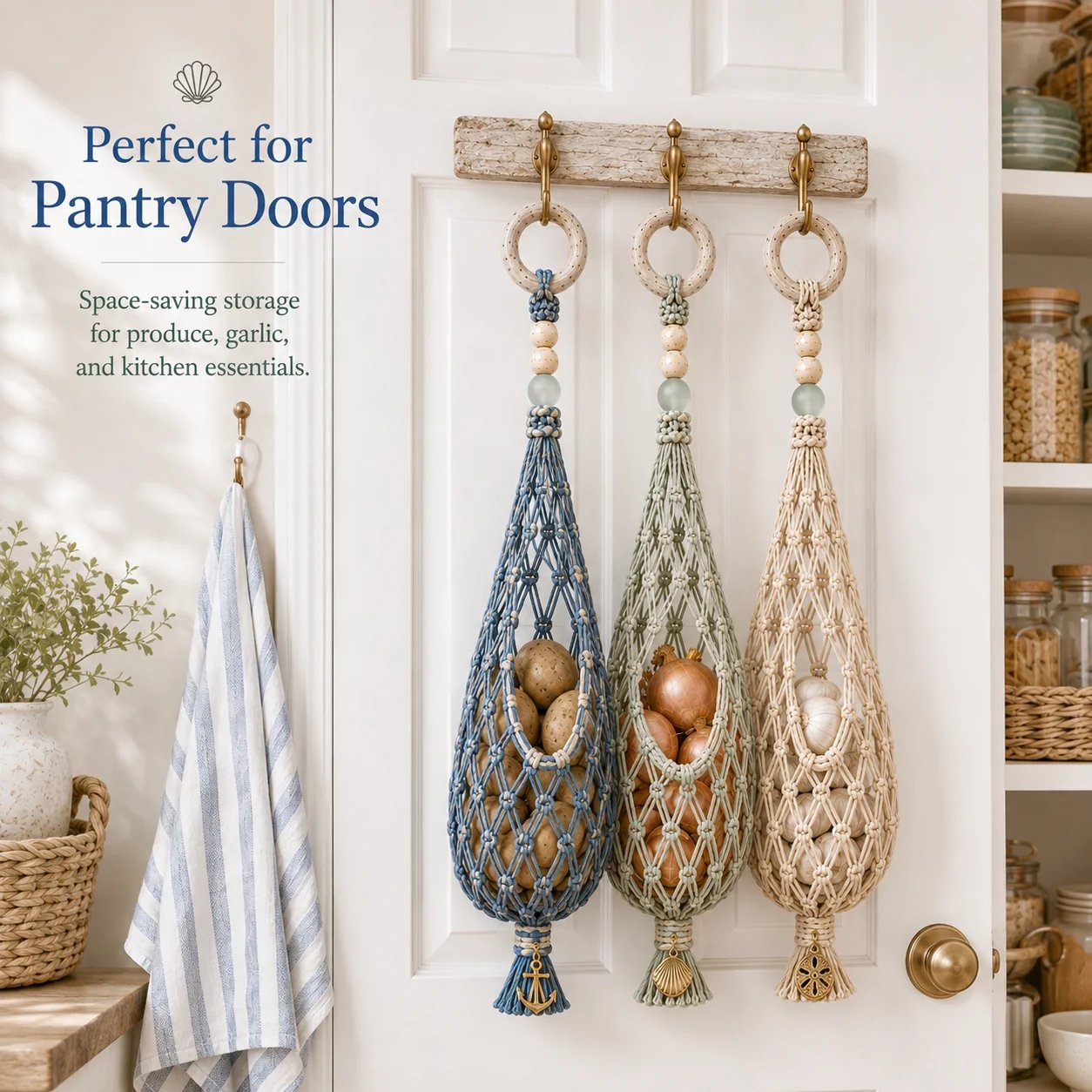 🌊🥔 Coastal Hanging Produce Storage – Handwoven Breathable Organizer with Easy Side Access