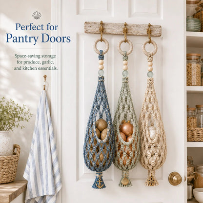🌊🥔 Coastal Hanging Produce Storage – Handwoven Breathable Organizer with Easy Side Access