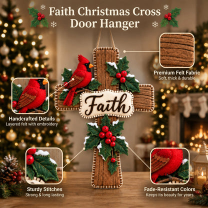 Cardinal Bird Faith Cross Christmas Door Hanger ✝️ Winter Holly Religious Front Door Decor