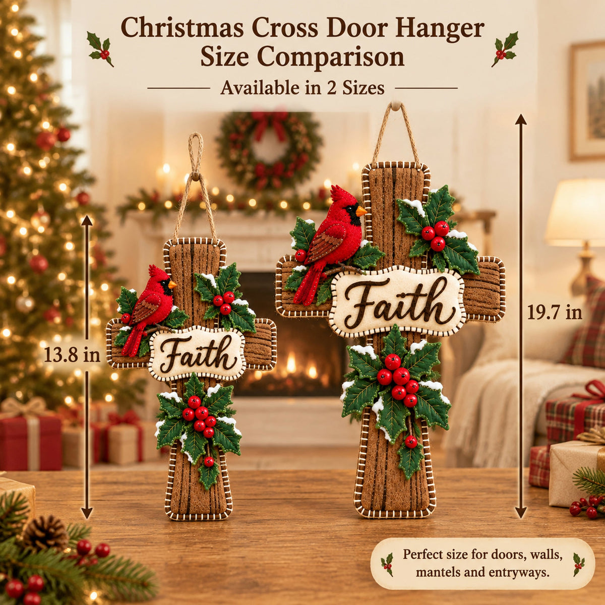 Cardinal Bird Faith Cross Christmas Door Hanger ✝️ Winter Holly Religious Front Door Decor