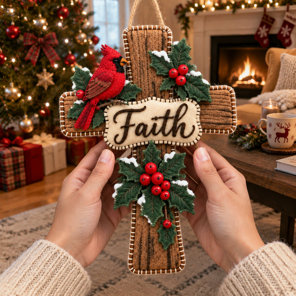 Cardinal Bird Faith Cross Christmas Door Hanger ✝️ Winter Holly Religious Front Door Decor