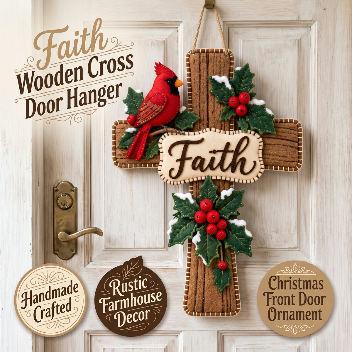 Cardinal Bird Faith Cross Christmas Door Hanger ✝️ Winter Holly Religious Front Door Decor