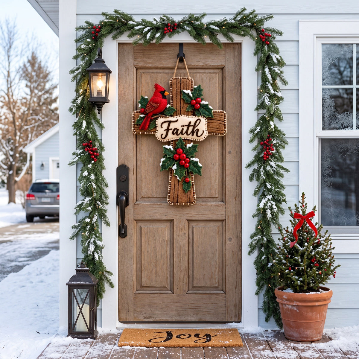 Cardinal Bird Faith Cross Christmas Door Hanger ✝️ Winter Holly Religious Front Door Decor