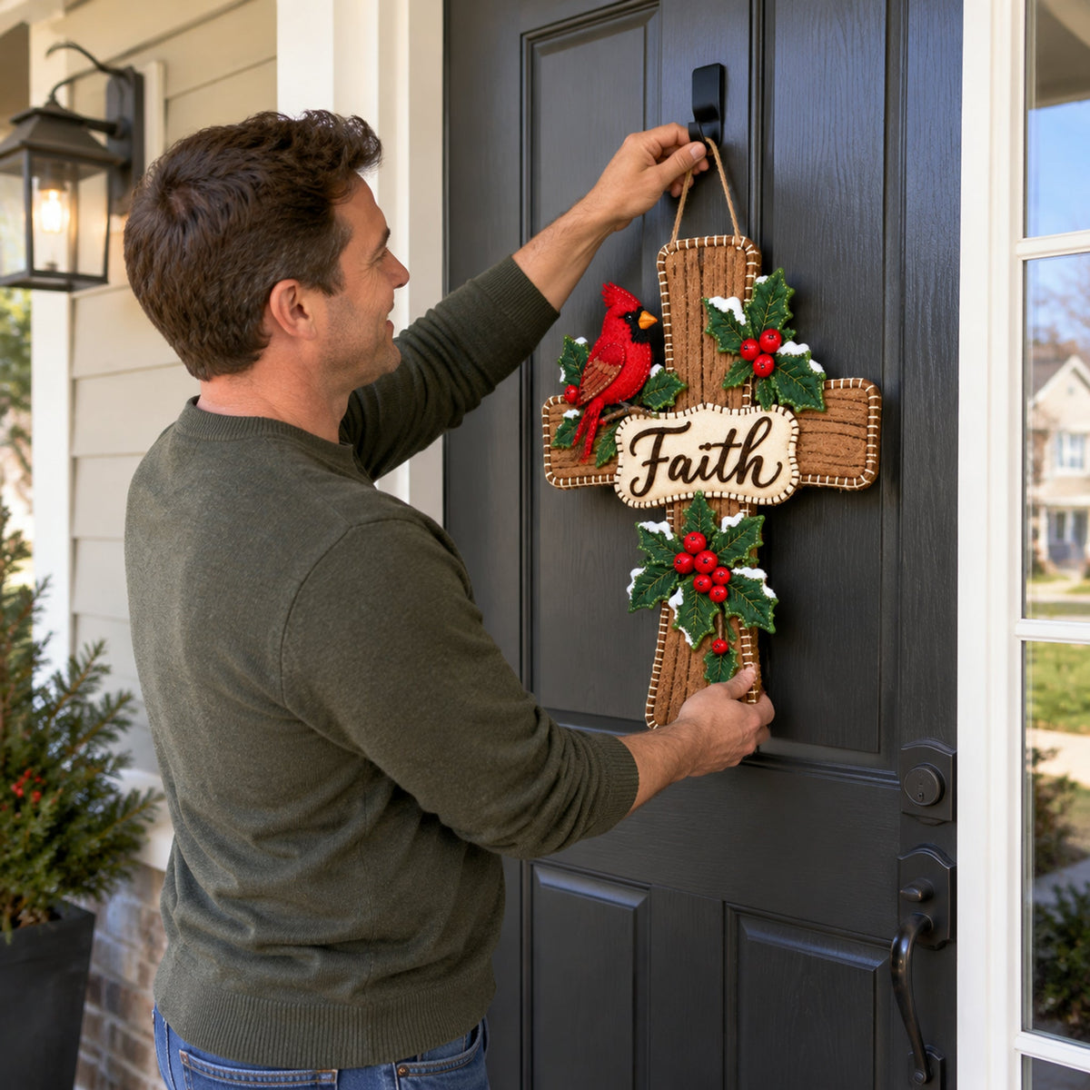 Cardinal Bird Faith Cross Christmas Door Hanger ✝️ Winter Holly Religious Front Door Decor