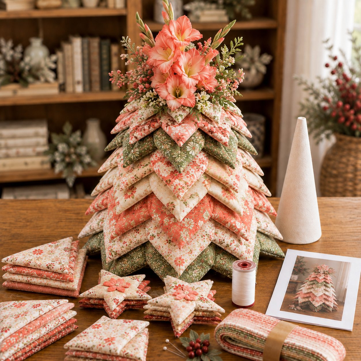 🍂 Beginner-Friendly DIY Fabric Patchwork Fall Tree Kit | Coordinated Autumn Fabrics, Cone Base, Securing Pins & Floral Topper Included 🌼✨