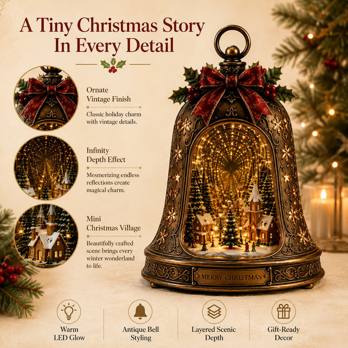 Details of the festive bow, ornate bell exterior, village scenery, and reflected lights
