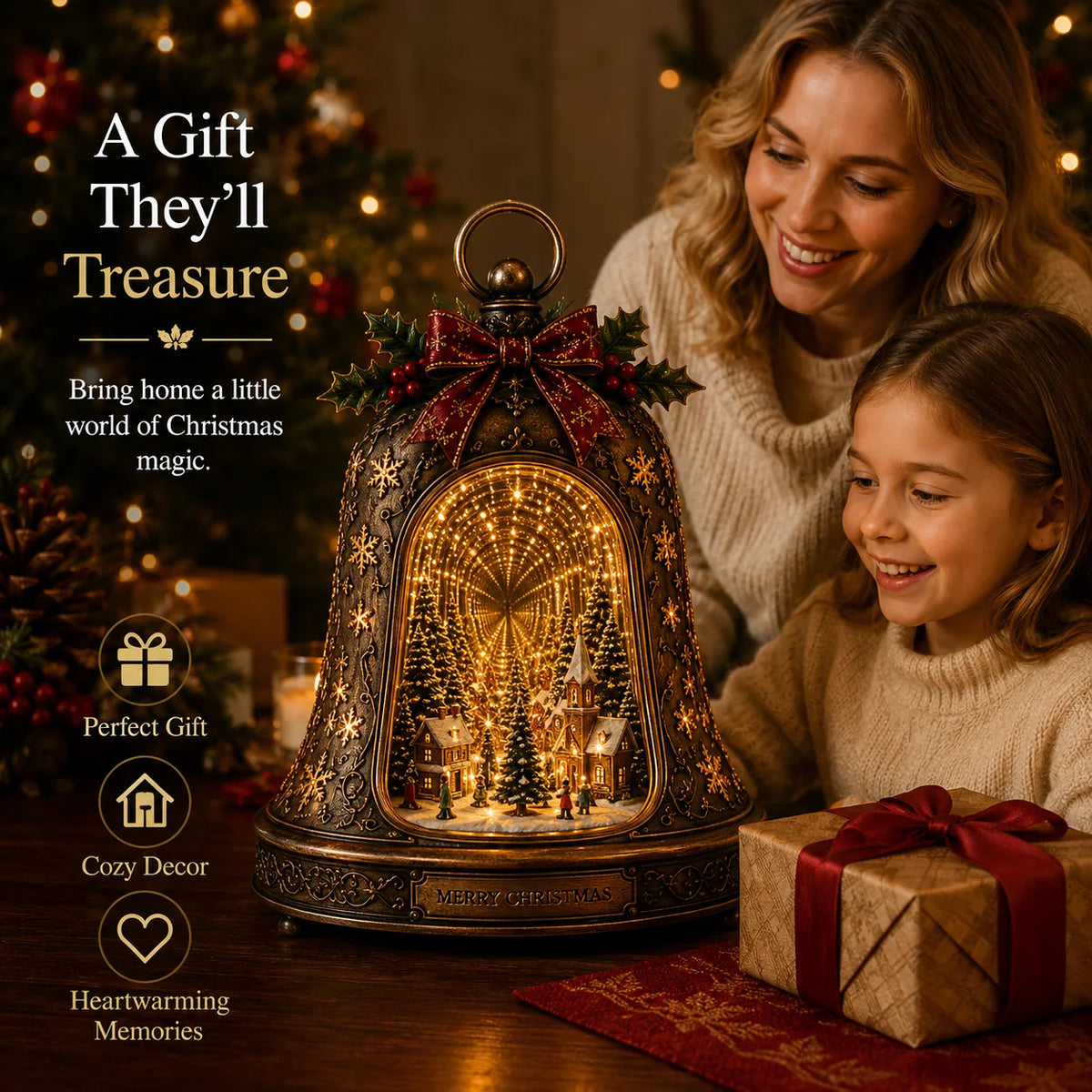 Illuminated Christmas Village Infinity Bell in a festive family gifting scene