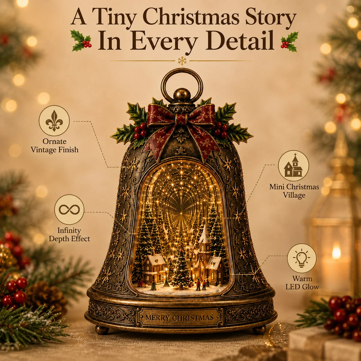 Snowy cottages, church, evergreen trees, and festive details inside the bell