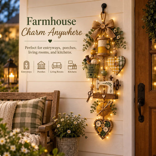 ✨🧵 Rustic Wooden Sewing - Themed Hanging Ornament with Remote Control Fairy Lights