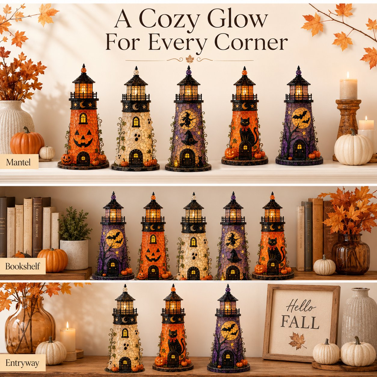 🎃 Beginner-Friendly Lighted Halloween Lighthouse DIY Kit – Sea Glass-Style Mosaic Collection