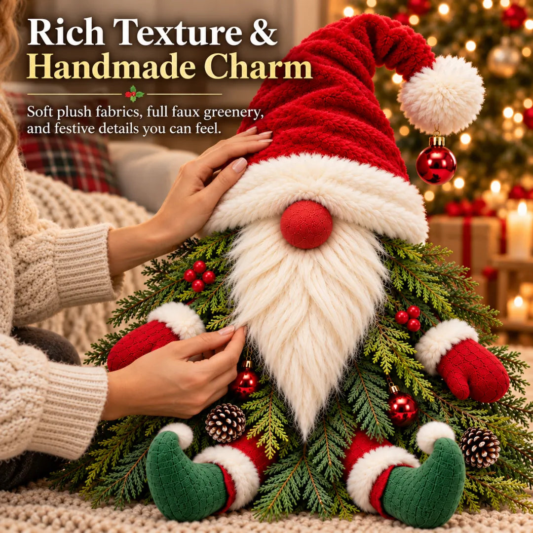 Close-up showing the plush Santa hat, white faux fur beard and evergreen texture