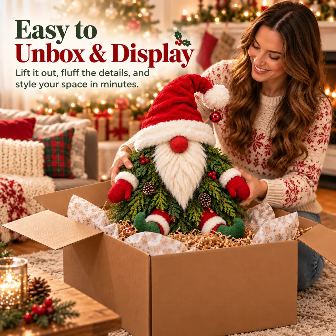 Woman arranging her Christmas evergreen gnome after unboxing