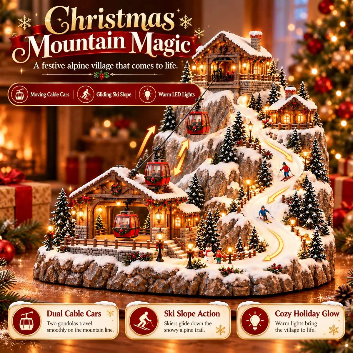 Animated Christmas Mountain Cable Car & Ski Village Scene ✨🚚