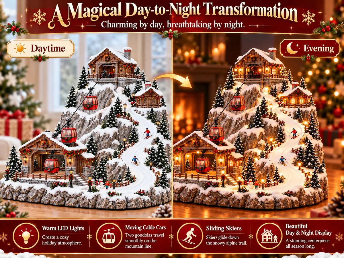 Animated Christmas Mountain Cable Car & Ski Village Scene ✨🚚