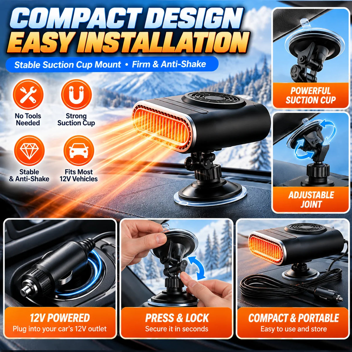 ❄️ 12V Portable Car Heater & Windshield Defogger – Adjustable Warm Air Fan