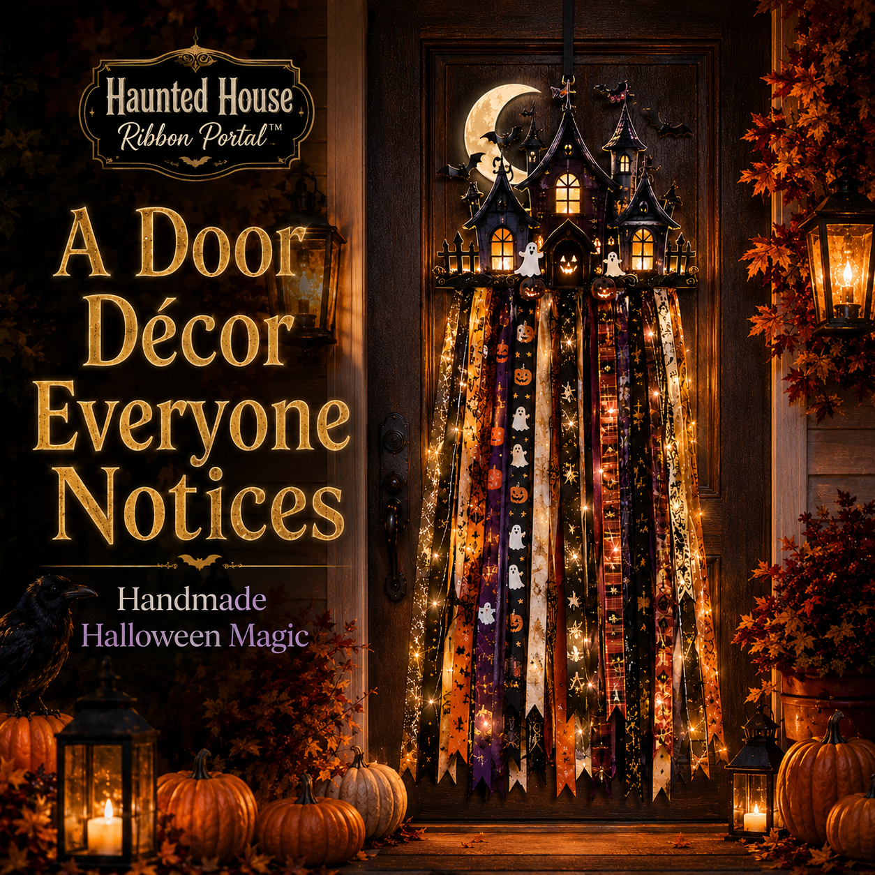 🎃 Lighted Halloween Ribbon Cascade™ – Handmade Door & Porch Decor