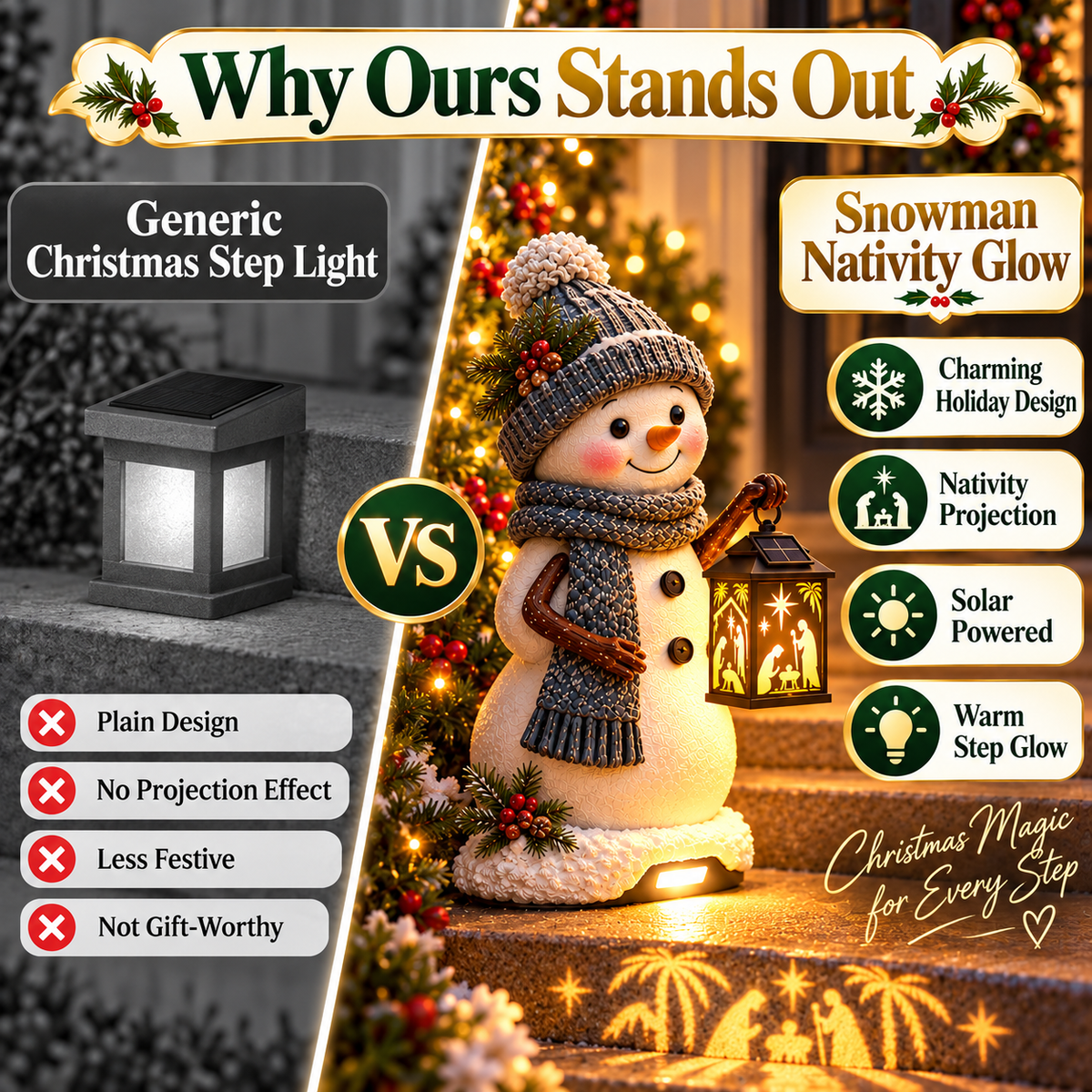 ⛄ Last Day 49% Snowman Nativity Glow™ – Solar Christmas Step Light with Holy Family Projection