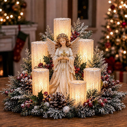 Beleuchtetes Weihnachtsgesteck mit dem Schein einer flammenlosen Kerze
