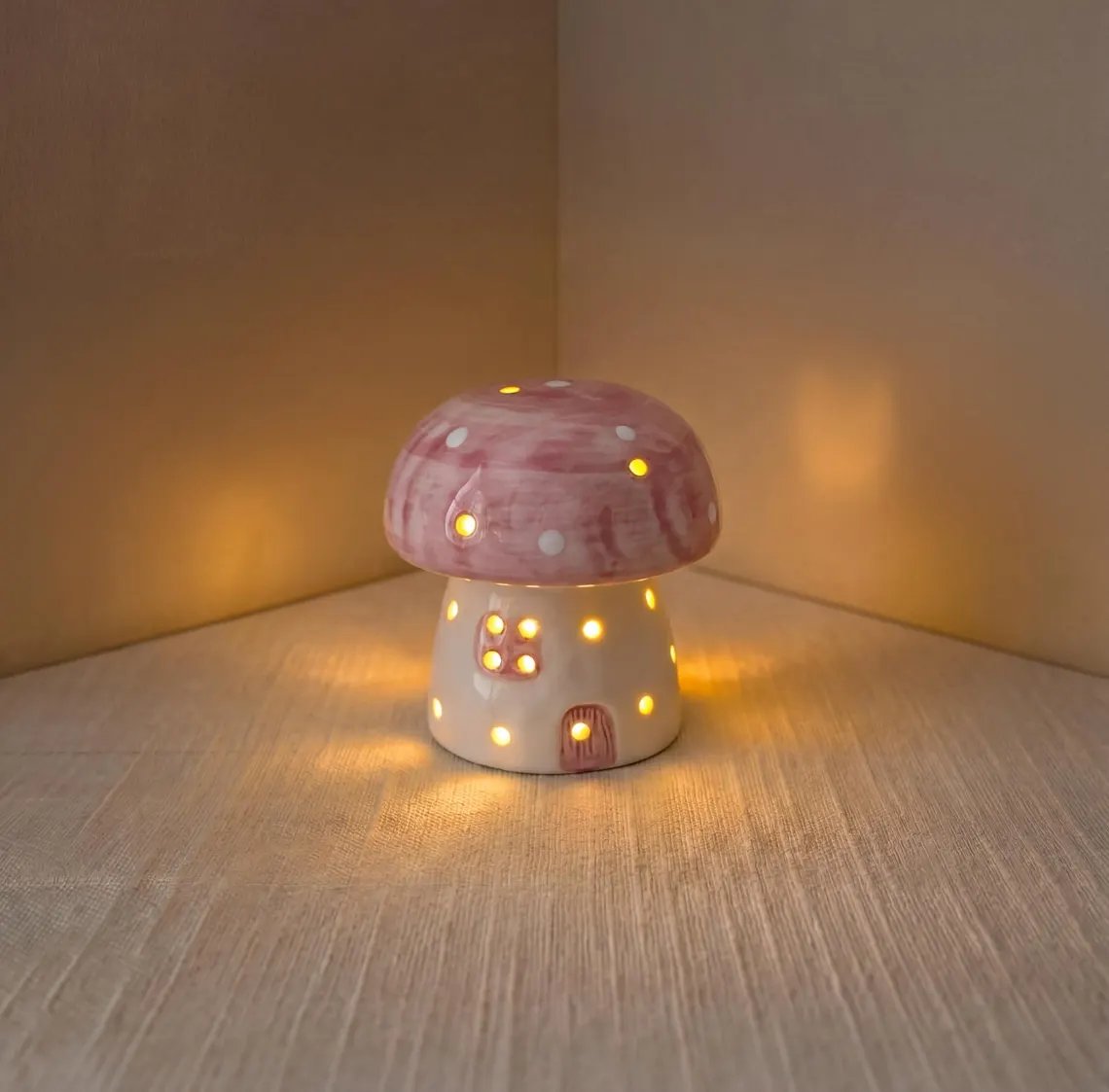 Mushroom Ceramic Night Light, Handmade Glowing Mushroom House Lamp