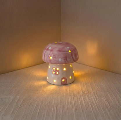 Mushroom Ceramic Night Light, Handmade Glowing Mushroom House Lamp