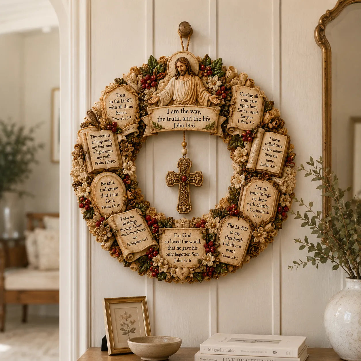 ✝️ Jesus Scripture Wreath | Handcrafted Christian Wood Décor with Bible Verses, Hanging Cross & Faith-Inspired Vintage Details 🙏