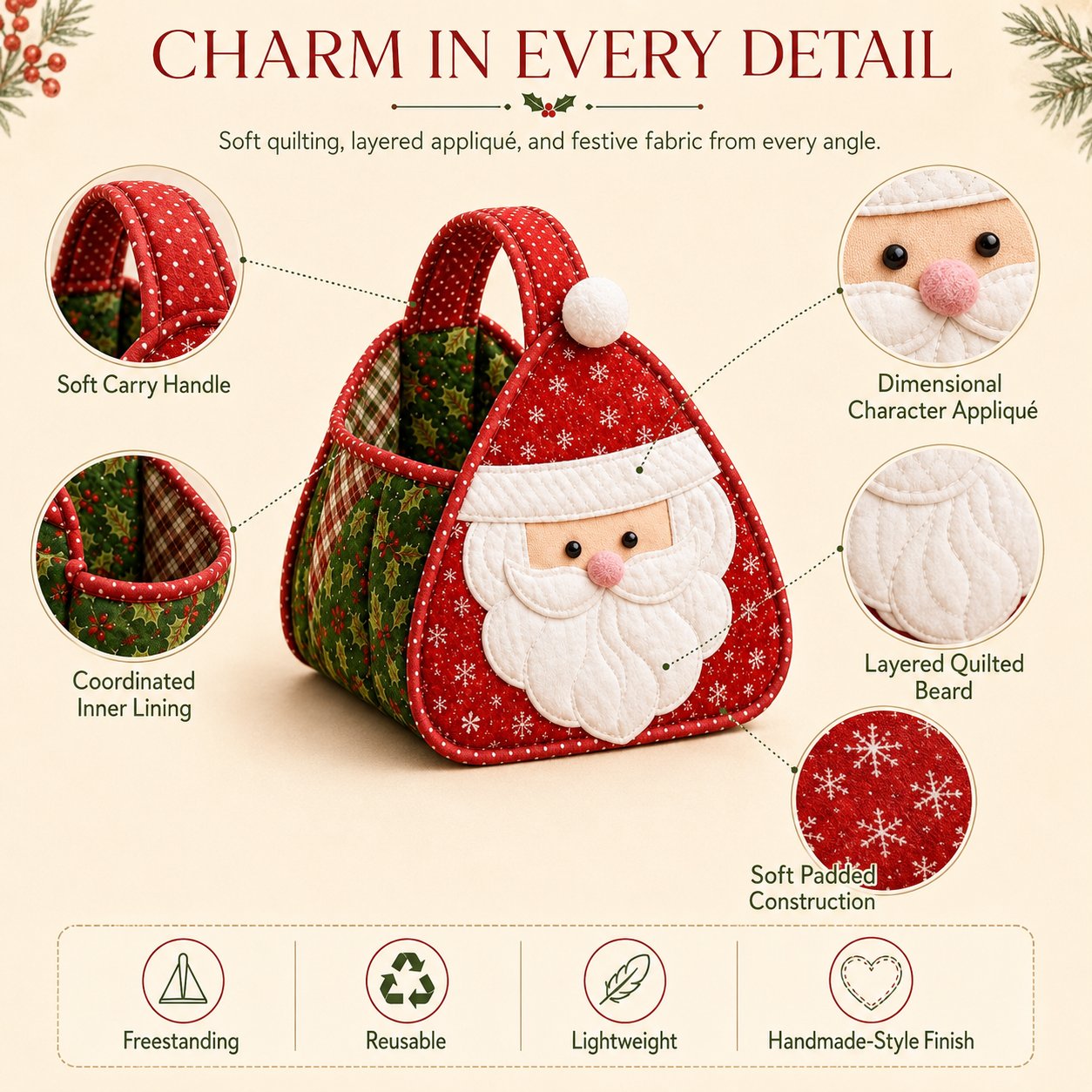 ⏳ Last Day 49% OFF – 🎄 Christmas Character Quilted Carry Basket | Padded Patchwork Fabrics, Layered Appliqué & Soft Carry Handle in DIY Kit or Ready-Made Styles 🎁✨
