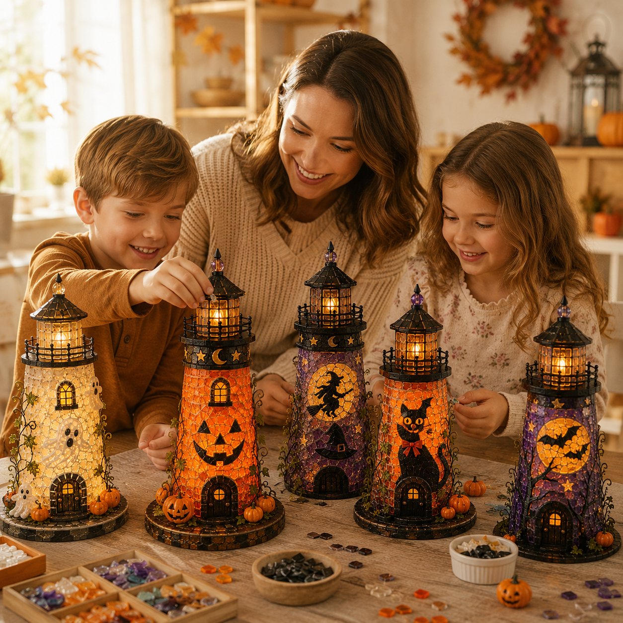 🎃 Beginner-Friendly Lighted Halloween Lighthouse DIY Kit – Sea Glass-Style Mosaic Collection