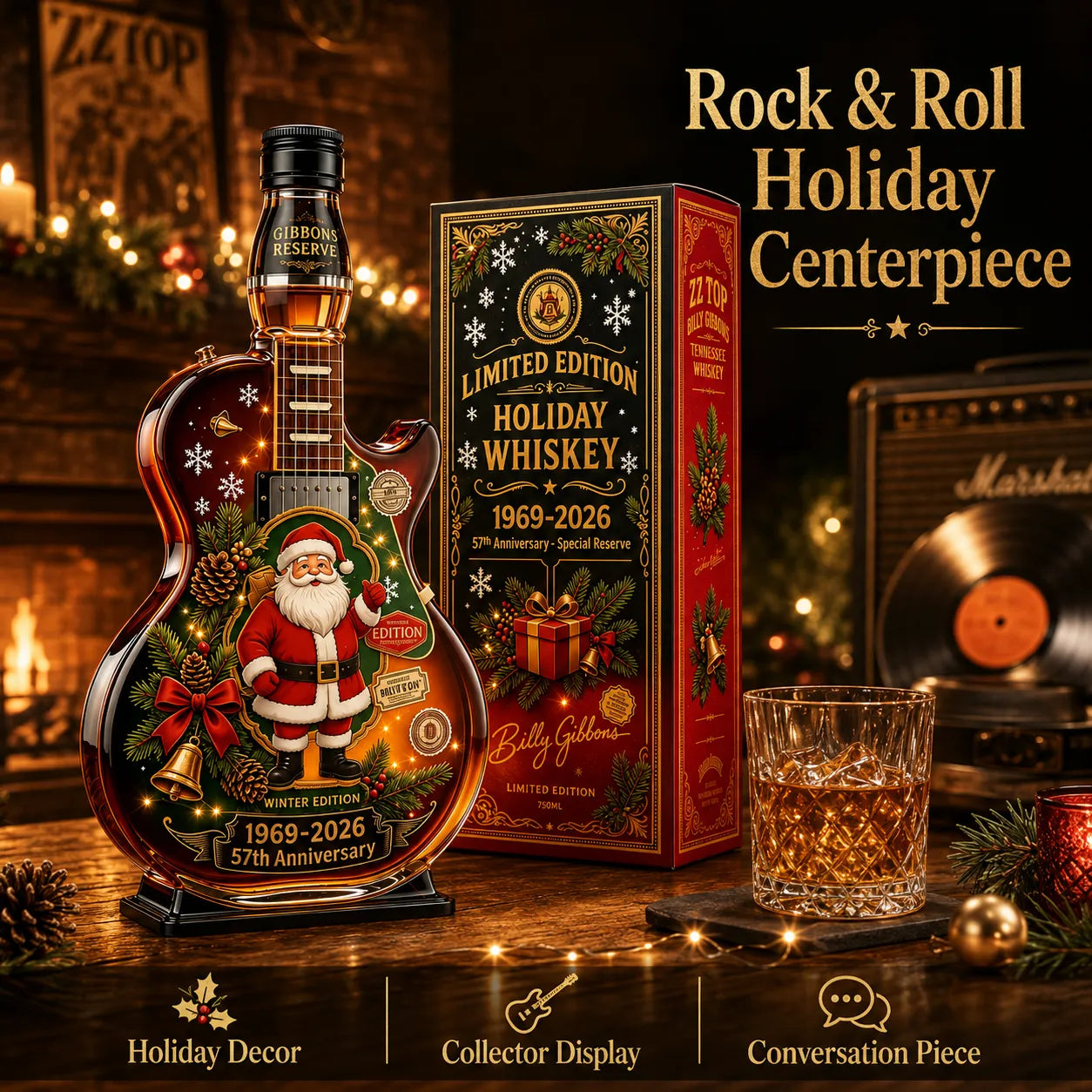 ⏳ Last Day 49% OFF – 🎸57th Anniversary Christmas Guitar Whiskey Decanter | Limited Edition 1969–2026 Winter Reserve Design With 3D Guitar Shape, Amber Glow Finish & Festive Holiday Artwork 🥃✨