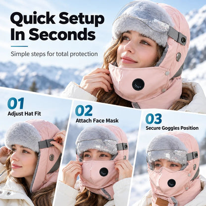 Winter Thermal Ushanka Hat with Detachable Face Mask and Goggles - 5-in-1 Windproof Cold Weather Gear