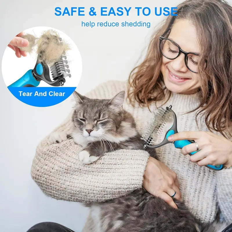 🐾Double-Sided Pet Grooming Brush – Hurtless Shedding & Dematting Undercoat Rake for