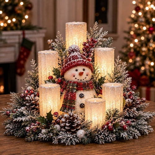 Beleuchtetes Weihnachtsgesteck mit dem Schein einer flammenlosen Kerze