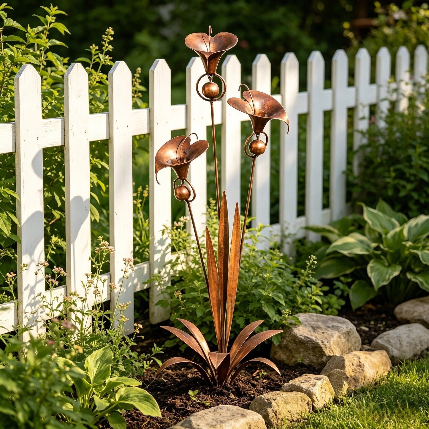 🌿Flamed Copper Three Calla Lilies Garden Stake with Bells