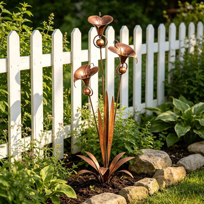 🌿Flamed Copper Three Calla Lilies Garden Stake with Bells