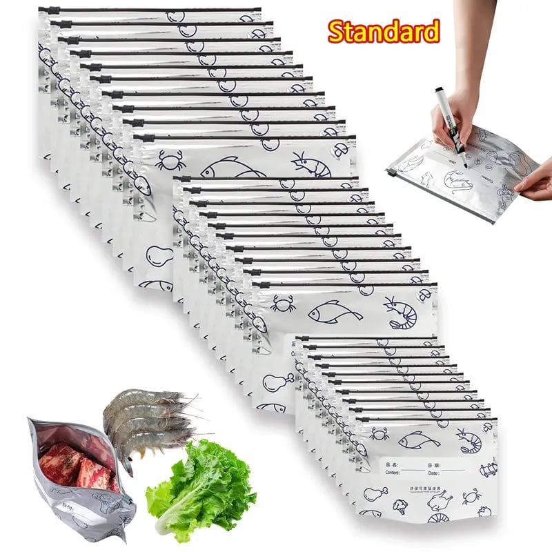 ⚡2026 New Reusable Aluminum Foil Seal Bags – Vacuum Zipper, Label & Stand-Up Design for Fruits, Veggies & Meat