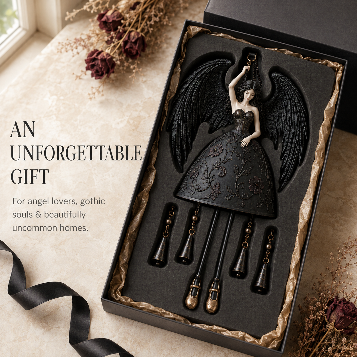 🖤 Dark Angel Gothic Wind Chime – Enchanting Outdoor Garden Hanging Decor